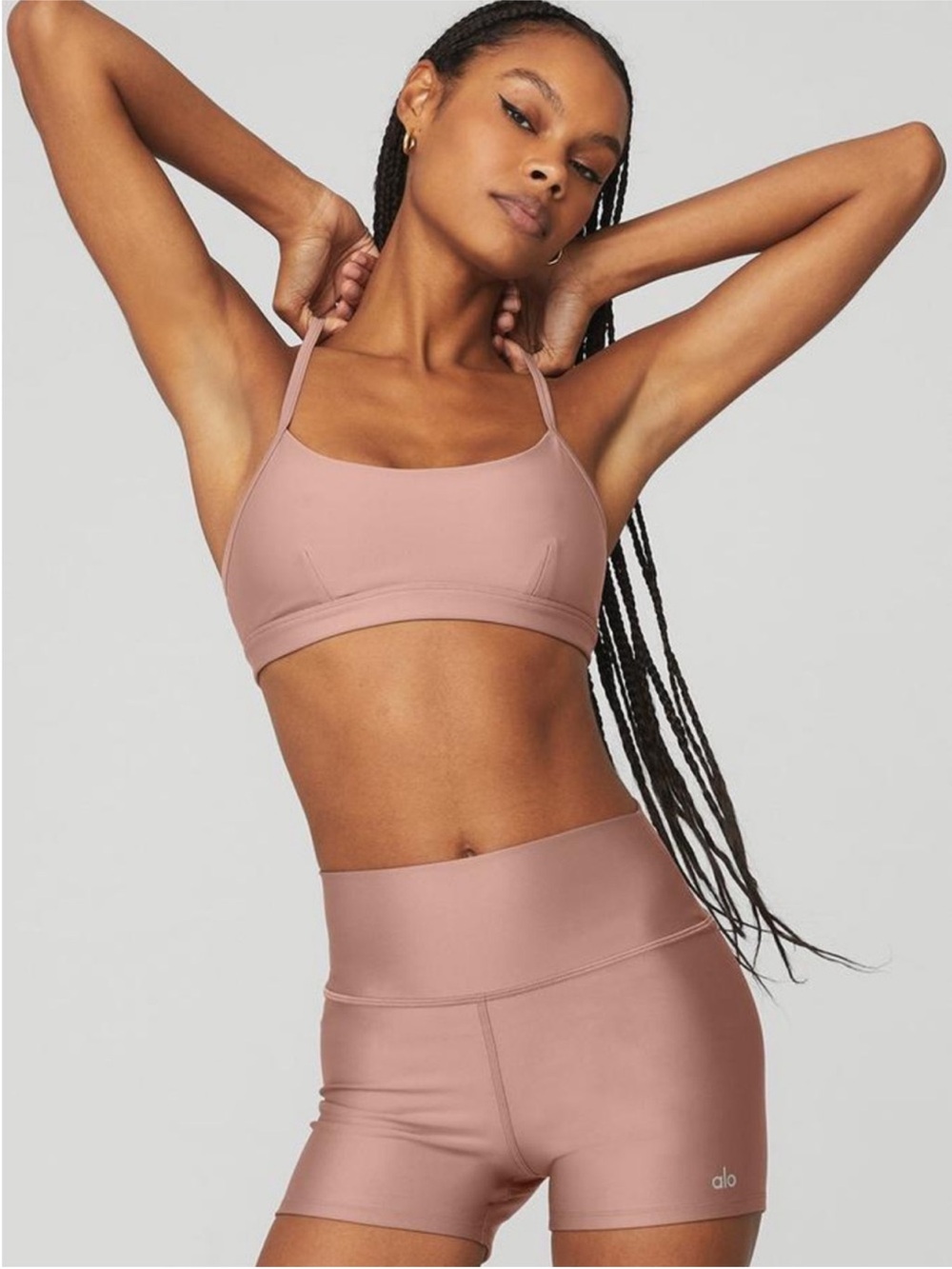 Alo Yoga Airlift Set Intrigue Bra+ HR Energy Shorts 3" Smokey Quartz Sz M 8-10